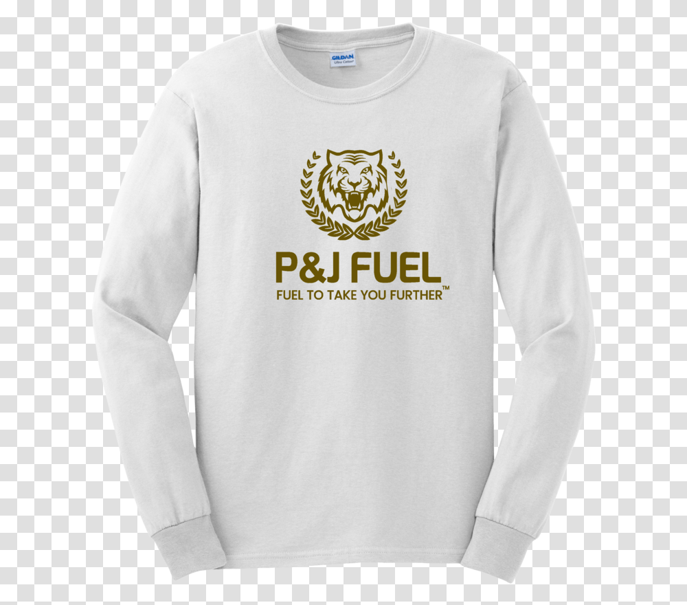 White Long Sleeve W Gold P&j Tiger Logo - Fuel Merch Long Sleeve Shirt Background, Clothing, Apparel, Person, Human Transparent Png