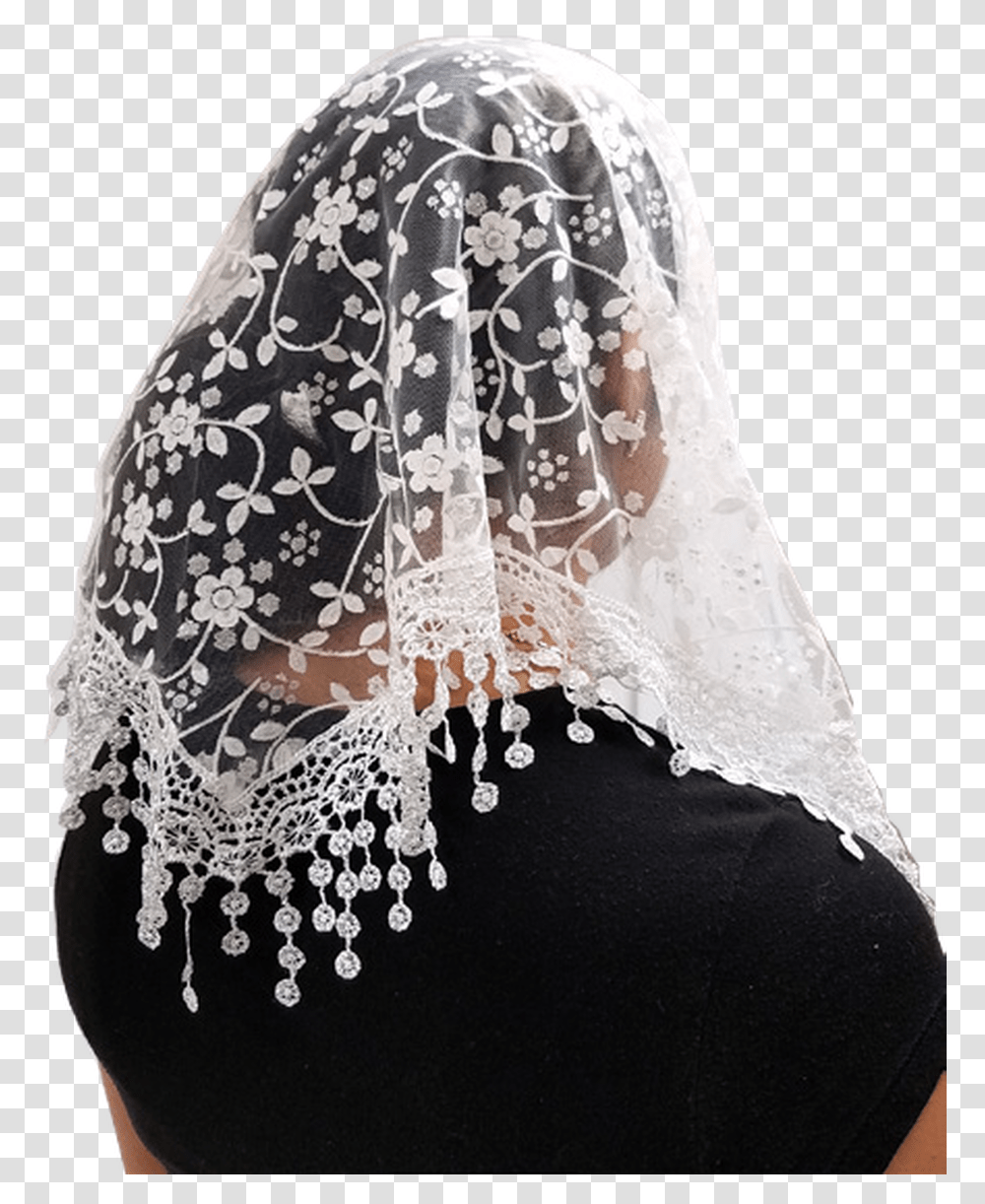 White Mantilla Style Chapel Veil With Drop Lace Edge Mantilla, Apparel, Hat Transparent Png