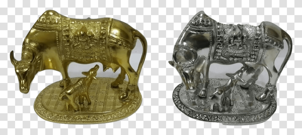 White Metal Kamadhenu Cow And Calf Statue, Bronze, Stein, Jug, Gold Transparent Png