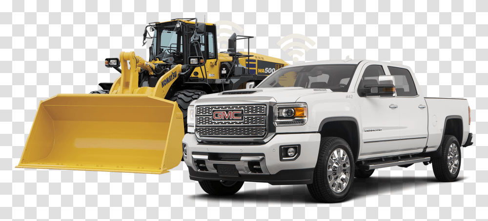 White Pickup And Yellow Iron Gps Tracking Canada Pickup Truck, Vehicle, Transportation, Bulldozer, Tractor Transparent Png