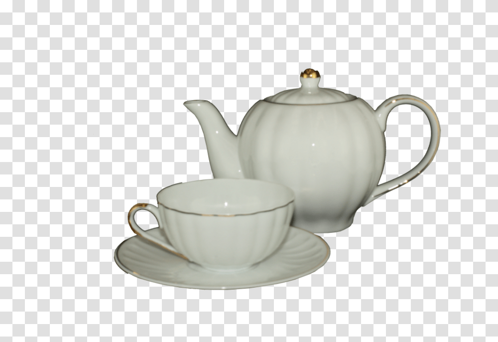 White Teapot With Gold Rim, Pottery, Saucer, Cup, Coffee Cup Transparent Png