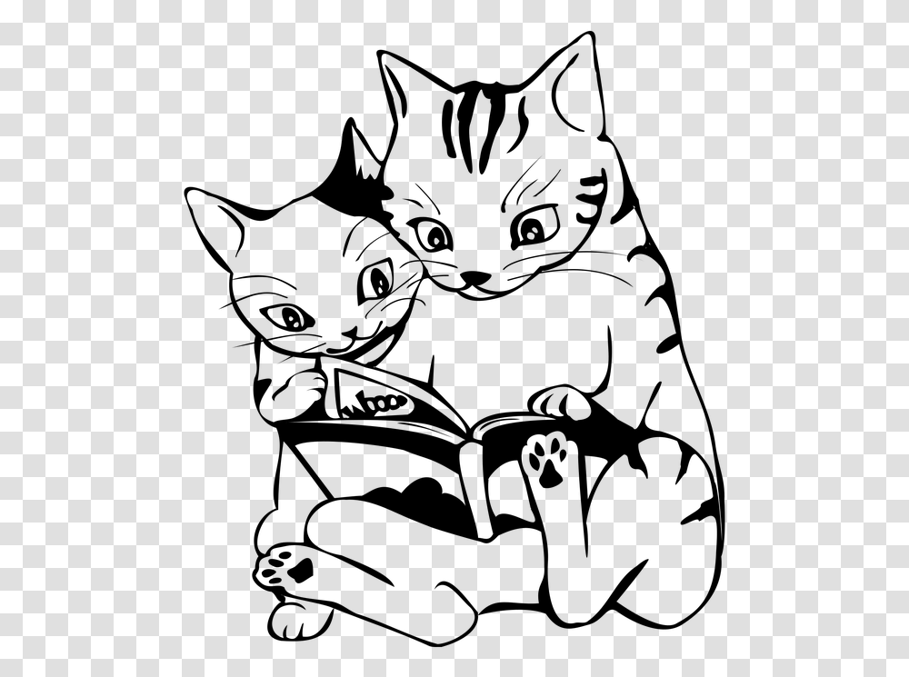 Whiteline Artcatblack And Whitesmall To Medium Cat Reading Book Clipart Black And White, Gray, World Of Warcraft Transparent Png