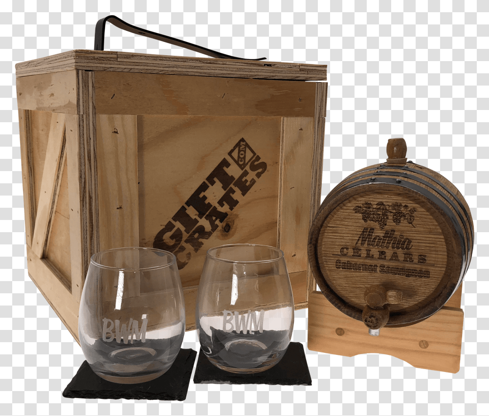 Wine Barrel With Glasses In Gift Crate Transparent Png