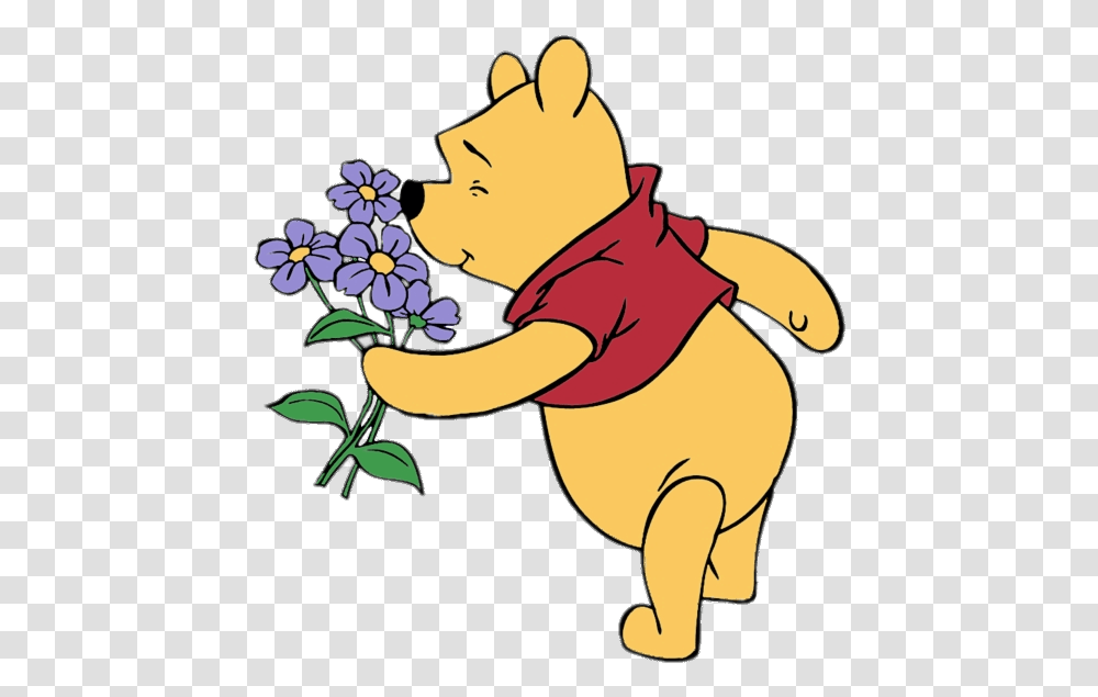 Winnie The Pooh Sniffing Flowers Image, Smelling, Plant Transparent Png