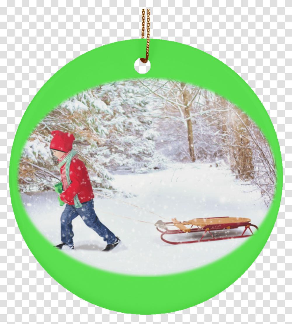 Winter Scene Child And Sleigh Ceramic Christmas Ornament Merry Christmas With Vacuum Cleaner, Person, Human, Sled, Outdoors Transparent Png