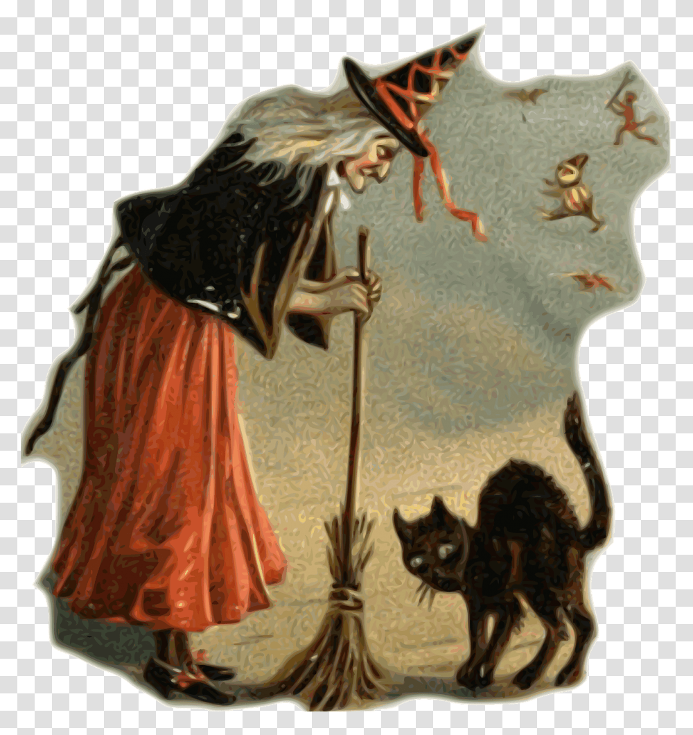 Witch Black Cat Broom Free Picture Witches And Cats, Painting, Person Transparent Png