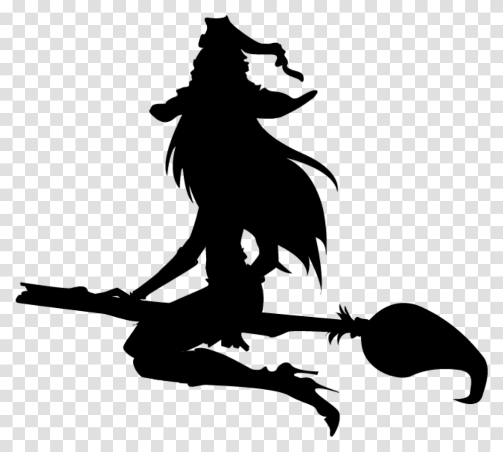 Witch Broom Black Silhouette Happy Halloween Witch, Gray Transparent Png