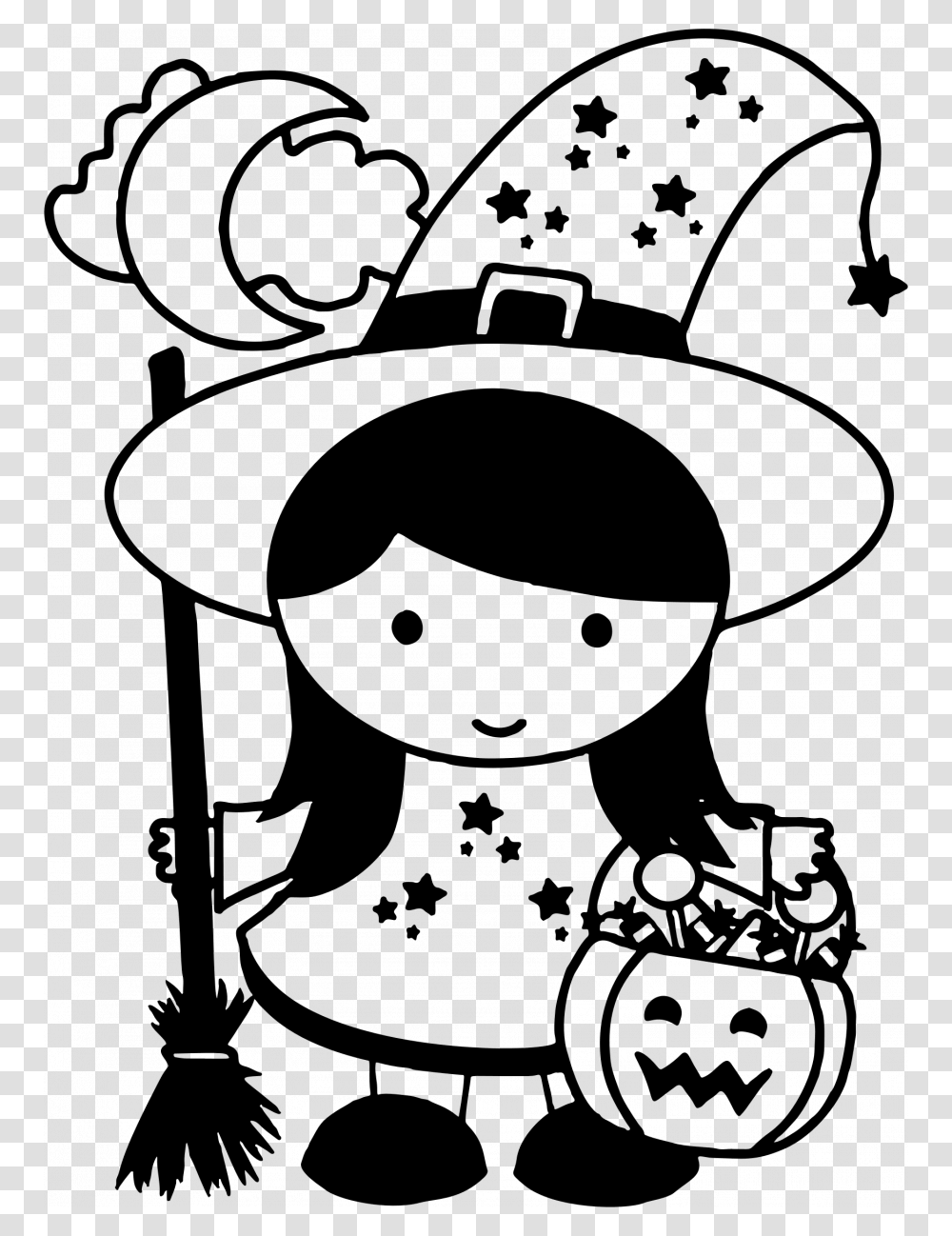 Witch Drawing Girl Cute Anime Hat And Broom Books Halloween Black And White, Gray, World Of Warcraft Transparent Png