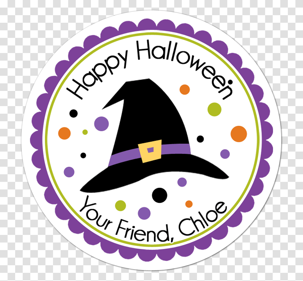Witch Hat Personalized Halloween Sticker Black Circle Scalloped Border, Logo, Symbol, Trademark, Clothing Transparent Png