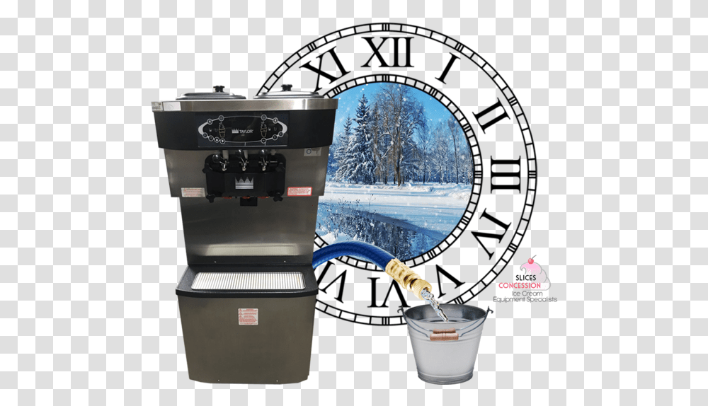 With Water Pipe Draining Into A Bucket With Huge Clock Roman Numerals, Beverage, Drink, Coffee Cup, Camera Transparent Png