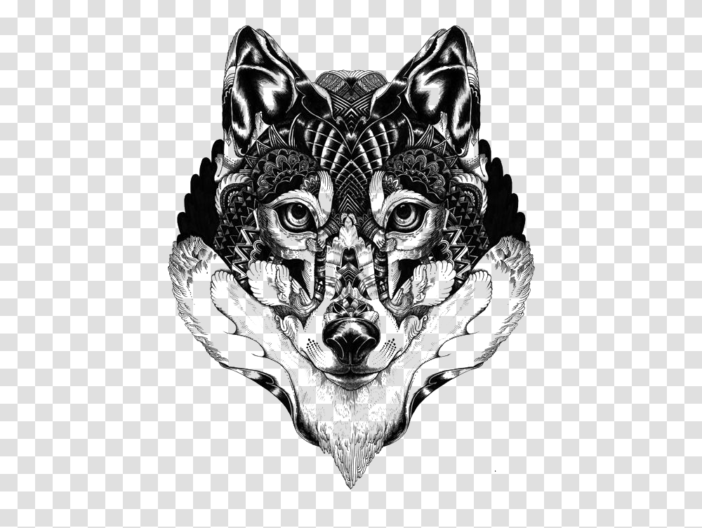 Wolf Day Of The Dead Download Graphic Art Black And White, Pattern, Drawing, Ornament, Face Transparent Png