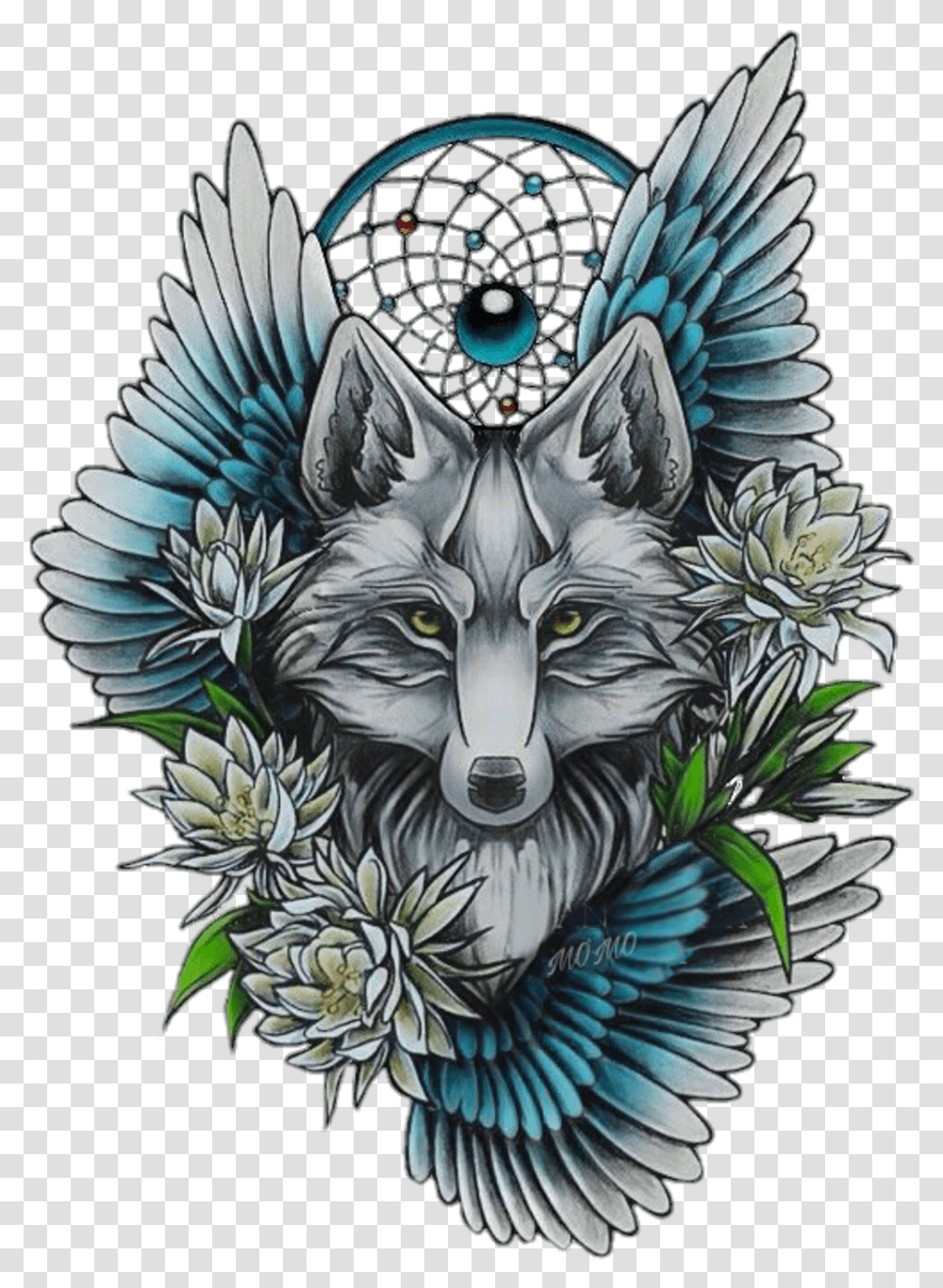 Wolf With Flowers Tattoo Hd Download Tattoo Artist Sketch, Bird, Animal, Emblem Transparent Png