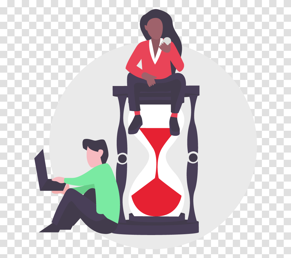 Woman And Man Sitting On Hourglass Illustration Designed Sitting, Person, Human Transparent Png