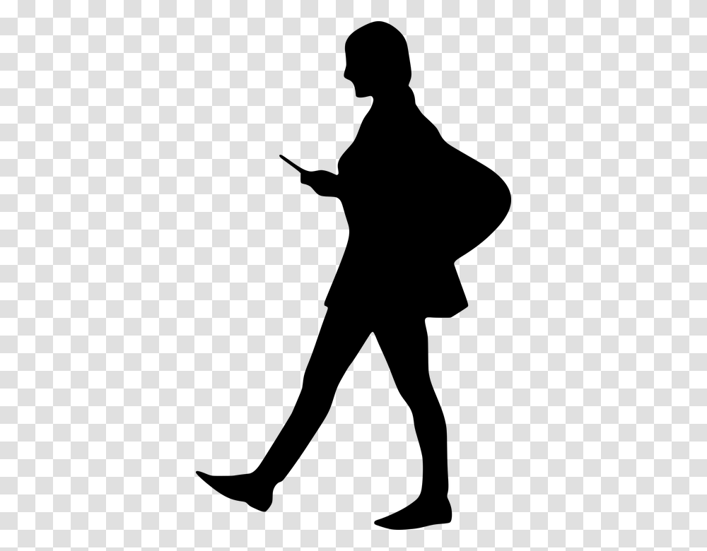 Woman Checking Mobile Smartphone Walking Street Woman Walking Silhouette, Gray, World Of Warcraft Transparent Png