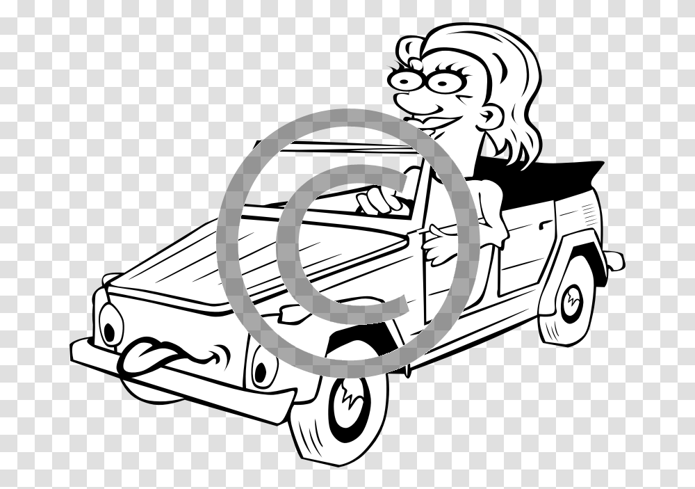 Woman Driving Car Cartoon Cartoon Black And White Car Clipart, Vehicle, Transportation, Text, Bulldozer Transparent Png