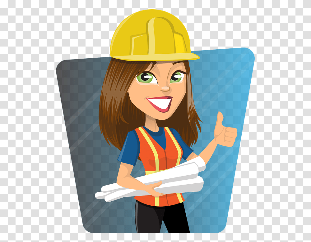 Woman Engineer Work Worker Lady Plans Helmet Woman Project Manager Cartoon, Person, Female, Girl, Hardhat Transparent Png