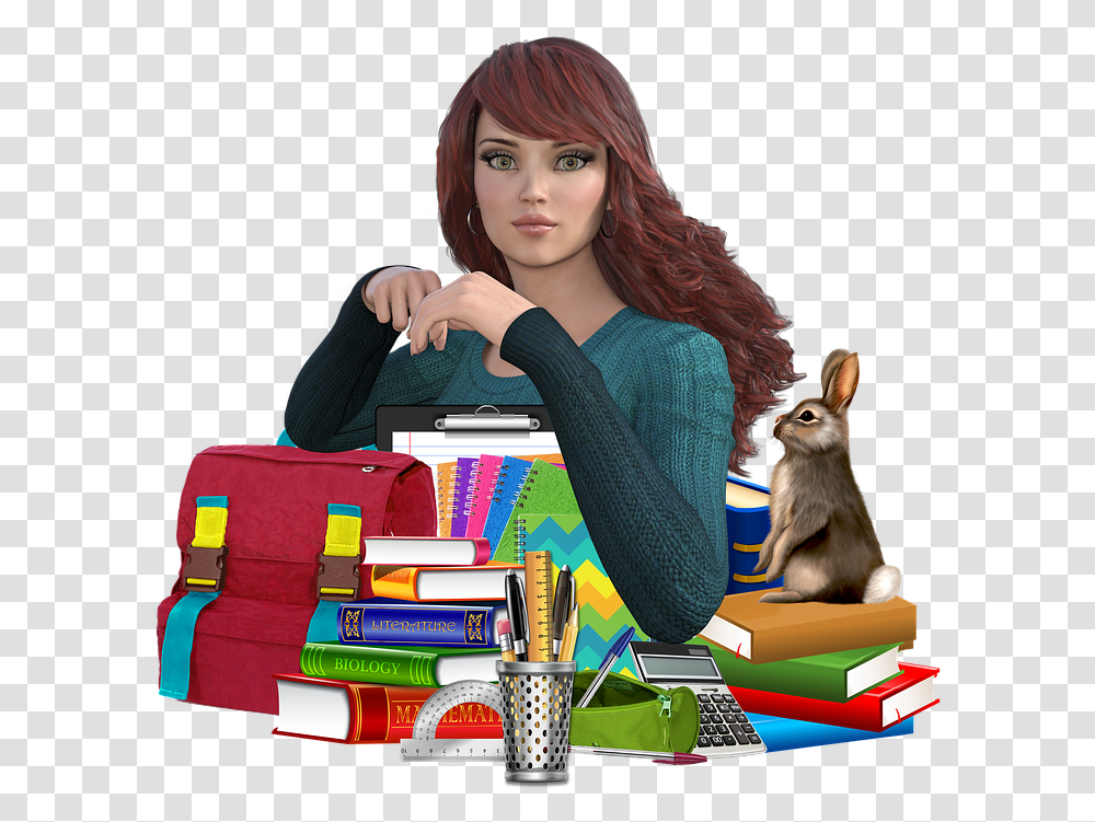 Woman Female Scrapbook Rendering Pose Sitting, Person, Furniture, Table, Bookcase Transparent Png