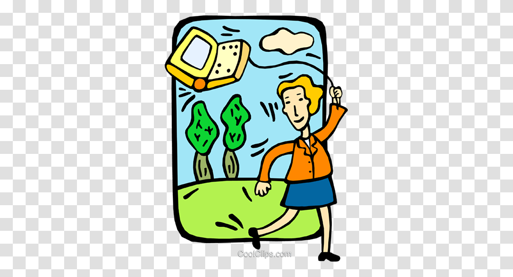Woman Flying A Computer Kite Royalty Free Vector Clip Art, Washing, Doodle, Drawing, Outdoors Transparent Png