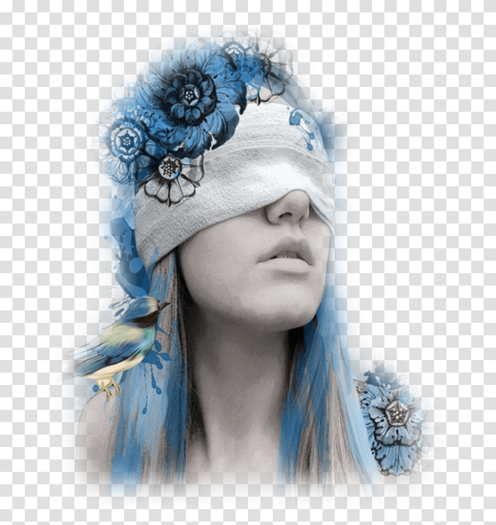 Woman Girl Female Blindfold Blindfolded Blue Headpiece, Apparel, Bird, Animal Transparent Png