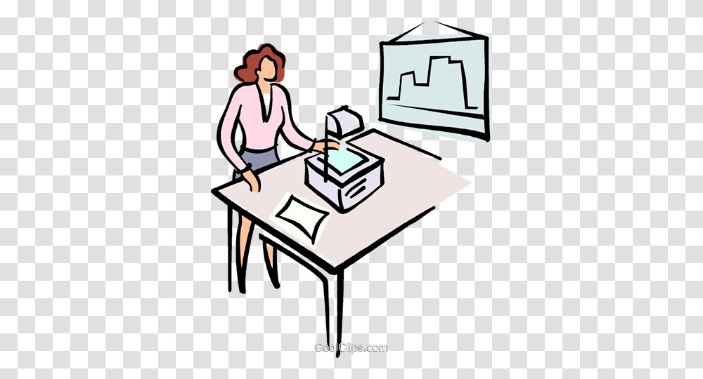 Woman Giving A Presentation Royalty Free Vector Clip Art, Furniture, Drawing, Table, Desk Transparent Png