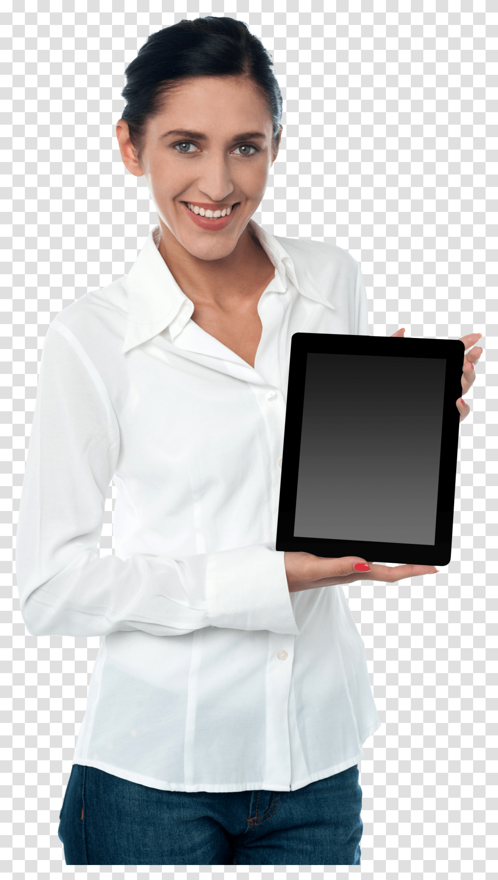 Woman Holding Ipad Image Woman Tablet Transparent Png