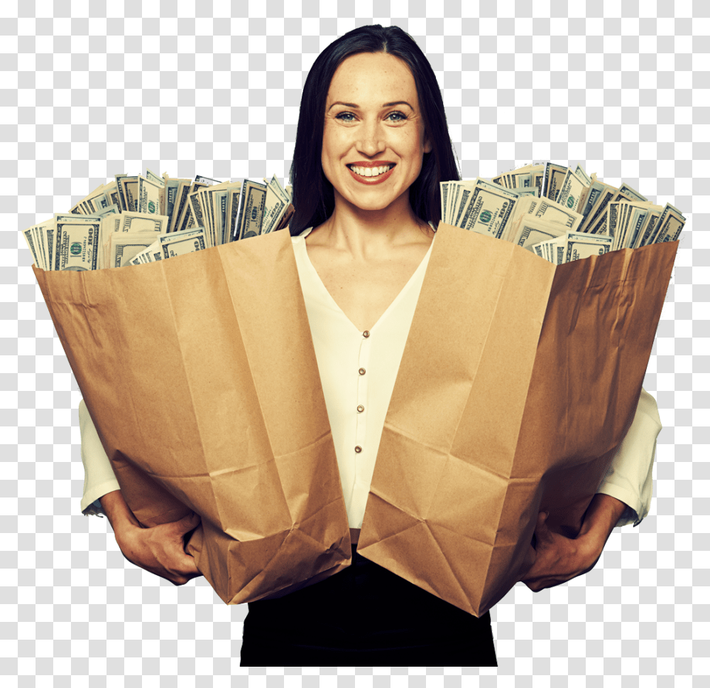 Woman Holding Money Grocery Bag Full Of Money, Person, Human, Shopping Bag, Sack Transparent Png