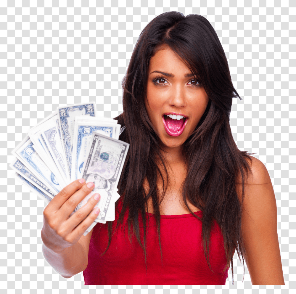 Woman Holding Money Smiling Girl With Money, Person, Human, Dollar Transparent Png