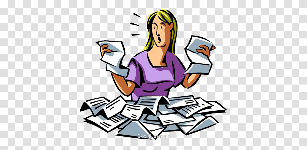 Woman Is Overwhelmed With Paperwork Royalty Free Vector Clip Art, Person, Comics, Book, Poster Transparent Png