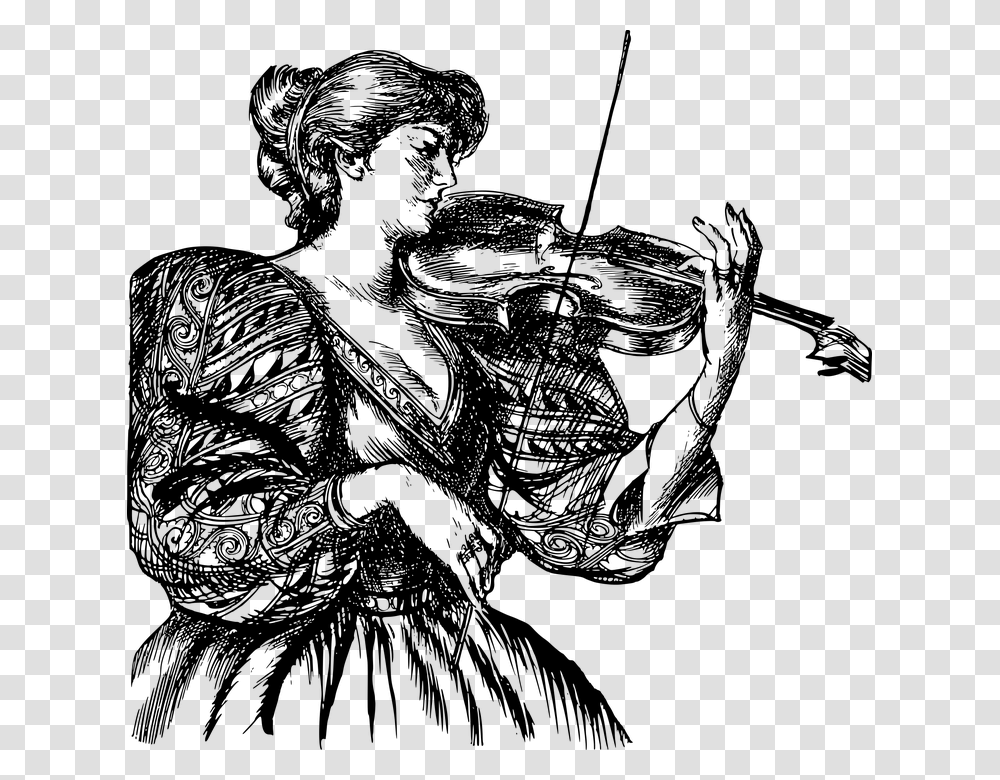 Woman Music Line Art Vintage Musical Violin Illustration, Gray, World Of Warcraft Transparent Png