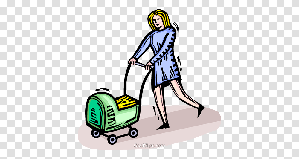 Woman Pushing A Baby Carriage Royalty Free Vector Clip Art, Person, Human, Lawn Mower, Tool Transparent Png