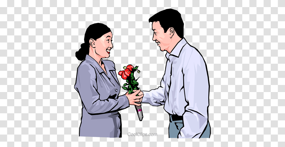 Woman Receiving Flowers From An Admirer Royalty Free Vector Clip, Person, Human, Plant, Blossom Transparent Png