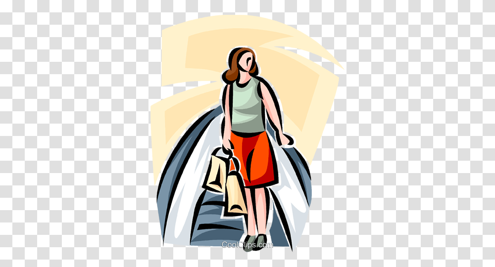 Woman Riding An Escalator While Shopping Royalty Free Vector Clip, Person, Coat Transparent Png