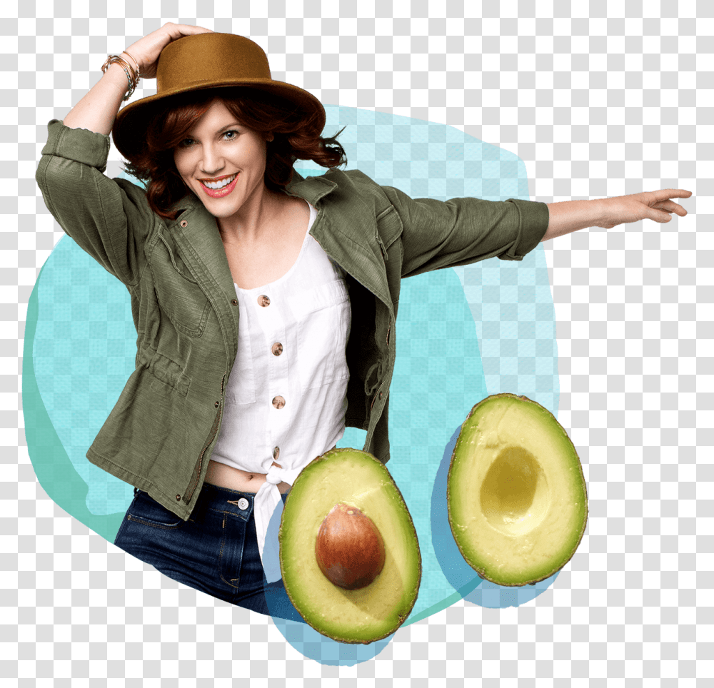 Woman Smiling While Holding Her Hat And Jumping Avocado, Plant, Fruit, Food, Person Transparent Png