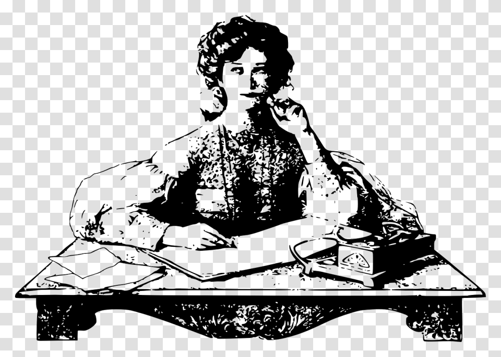 Woman Thinking Sitting Desk Writing Write Table Writer, Gray, World Of Warcraft Transparent Png