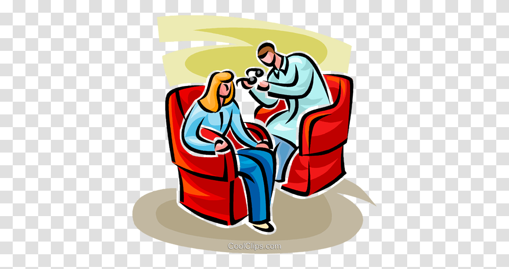 Woman Visiting The Eye Doctor Royalty Free Vector Clip Art, Chair, Furniture, Couch, Cushion Transparent Png