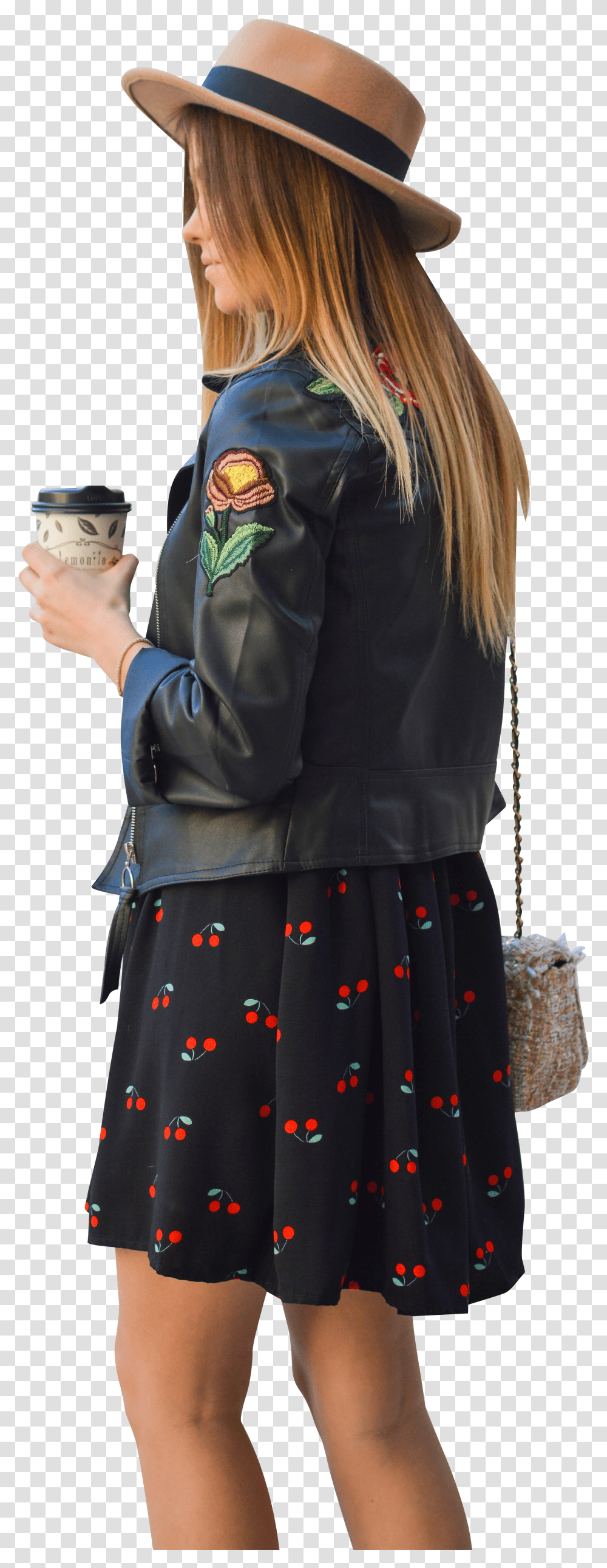 Woman Wearing Floral Black Jacket And Cherry Skirt Floral Dress With Leather Jacket Transparent Png