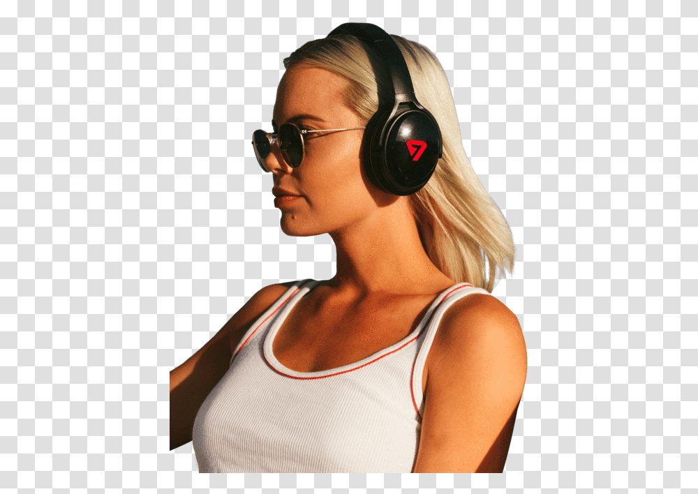 Woman Wearing Red Colored Neon 100 Bluetooth Headphone Hearing, Person, Human, Headphones, Electronics Transparent Png