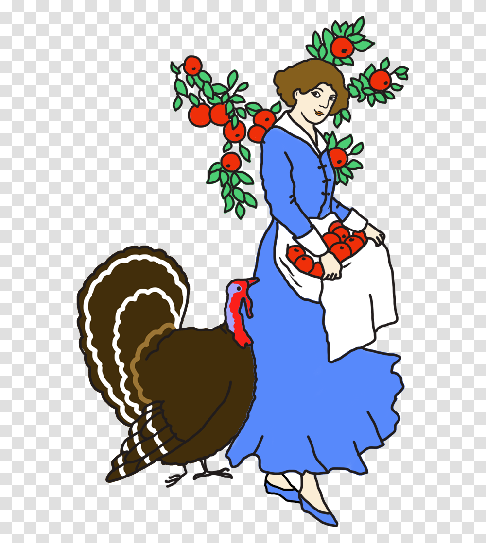 Woman With Apples And Turkey Cartoon, Bird, Animal, Drawing Transparent Png