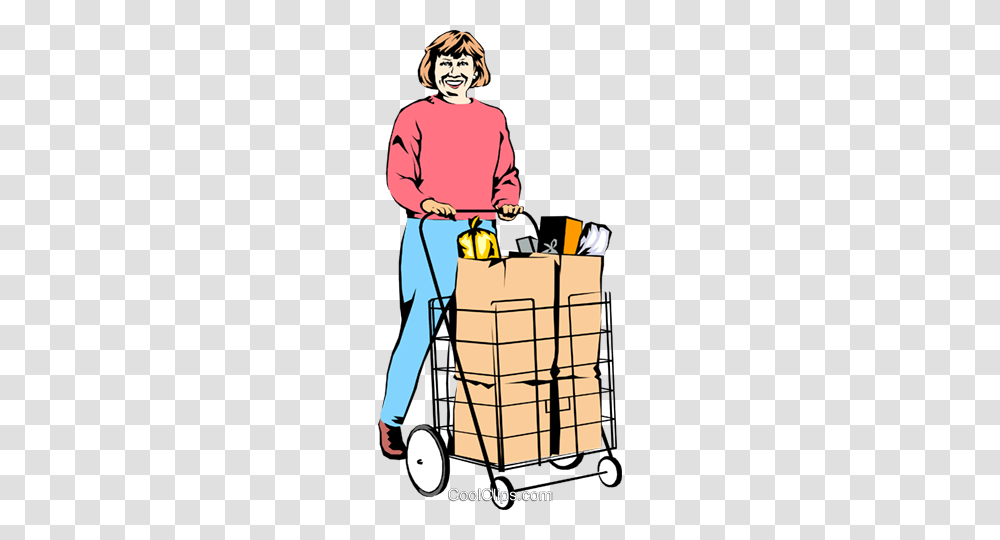 Woman With Grocery Cart Royalty Free Vector Clip Art Illustration, Person, Lawn Mower, Tool, Box Transparent Png