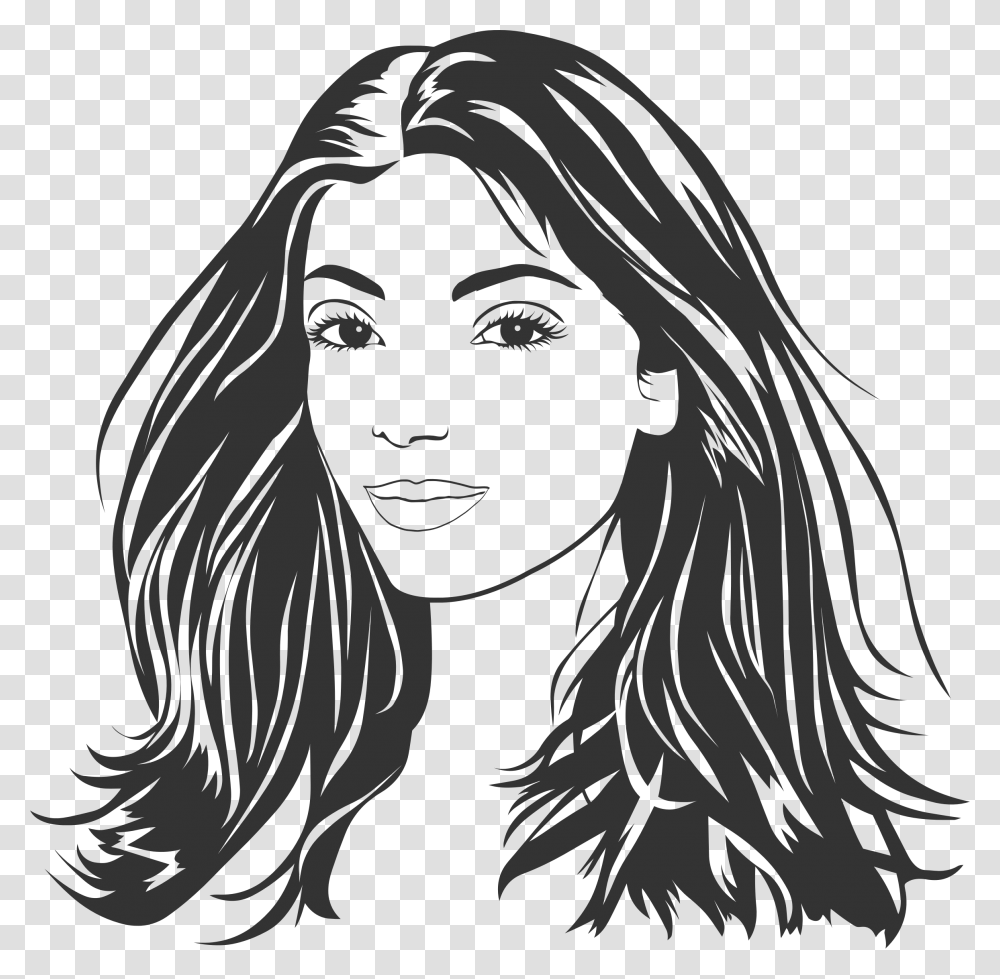 Woman With Long Hair Line Art Clip Arts Girl Face Black And White Clipart, Tiger, Wildlife, Mammal, Animal Transparent Png