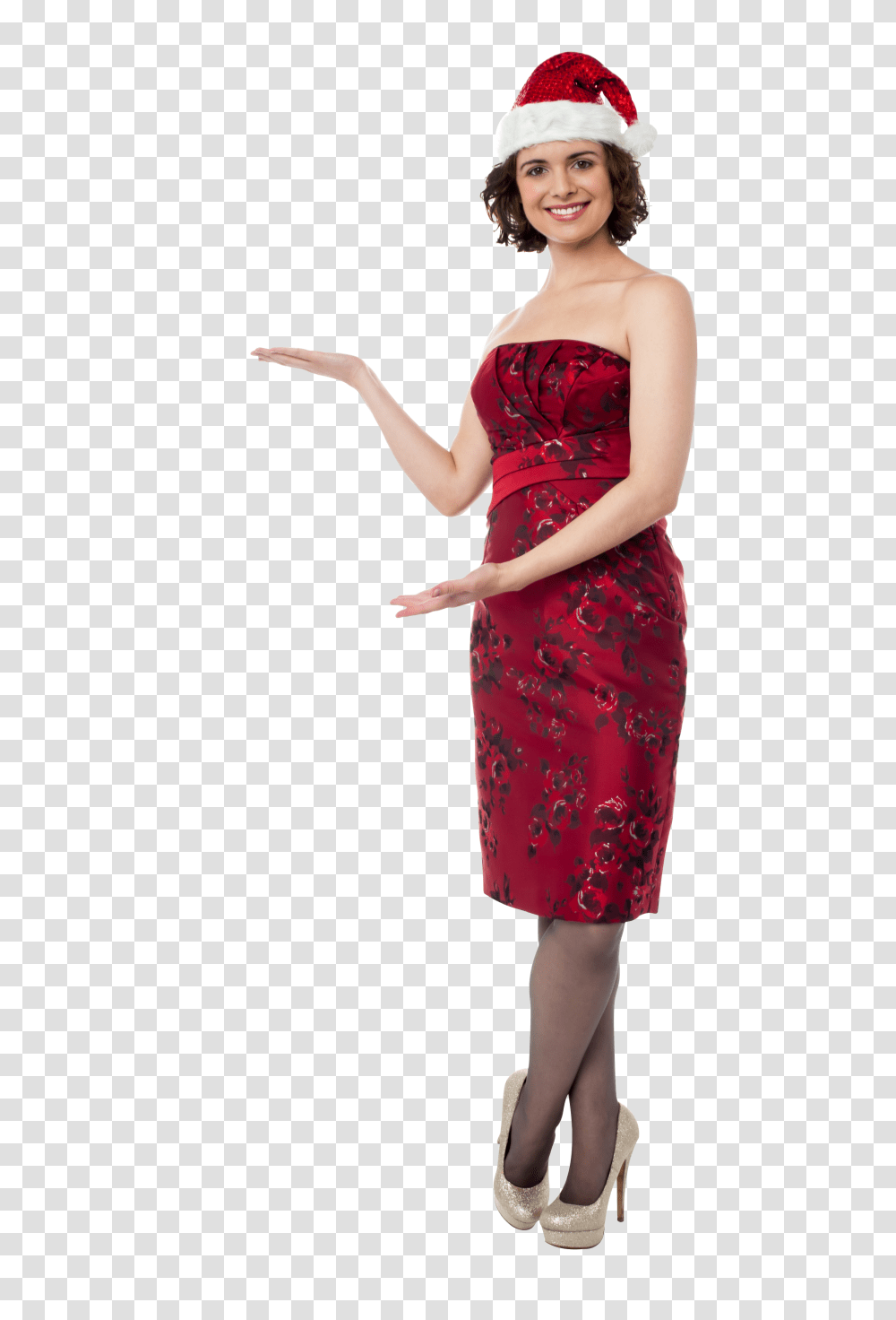 Woman With Red Christmas Hat Image Girl Santa Claus, Dress, Clothing, Apparel, Female Transparent Png