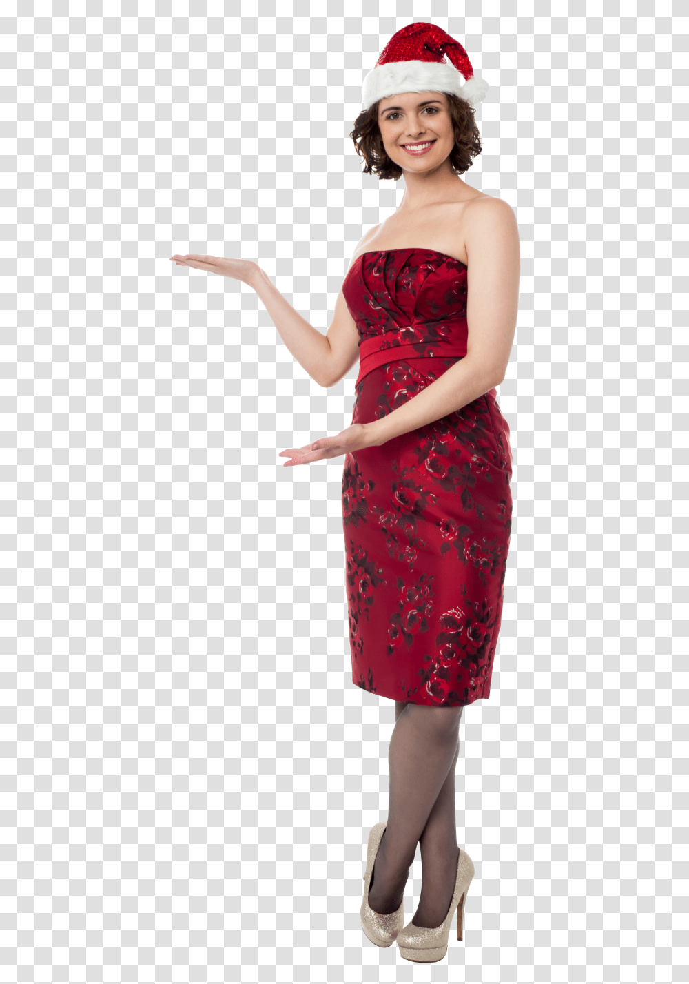 Woman With Red Christmas Hat Image Girl Santa Claus, Dress, Female, Person Transparent Png