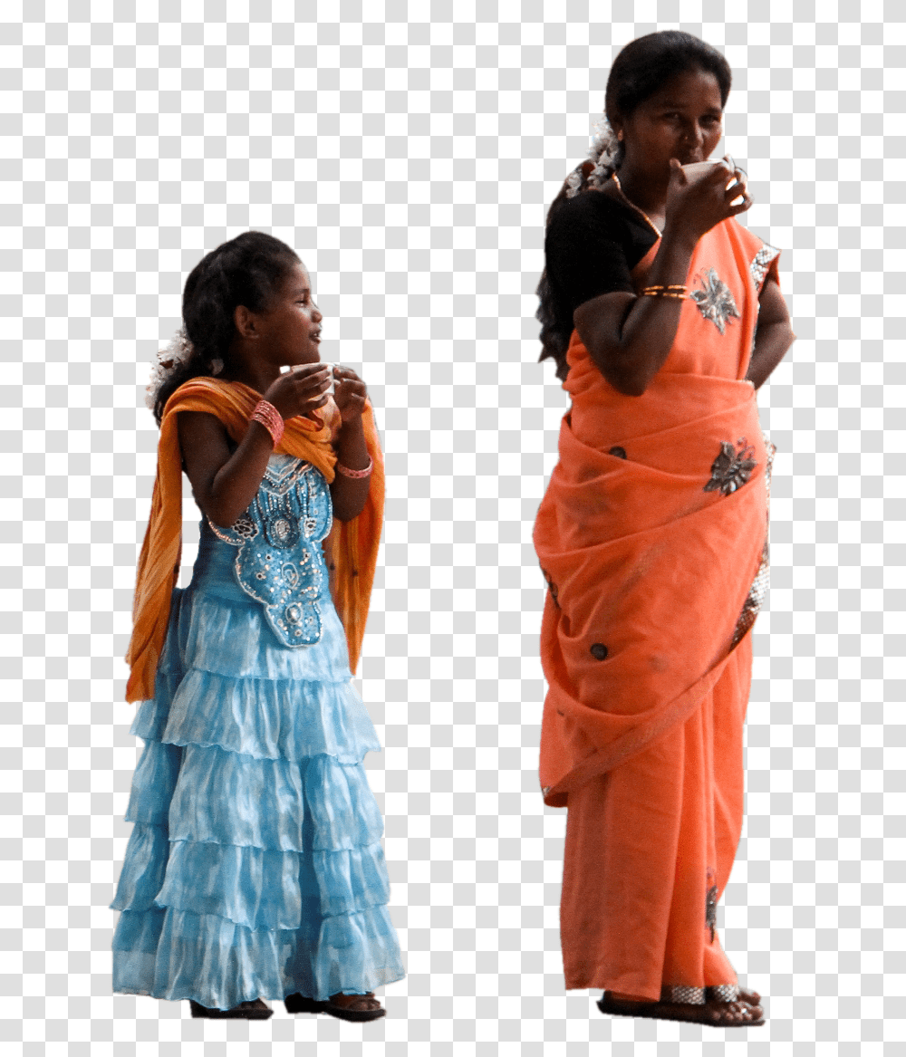 Women Child Kid Mom Daughter Standing Group Front Profile Eating, Person, Sari, Silk Transparent Png