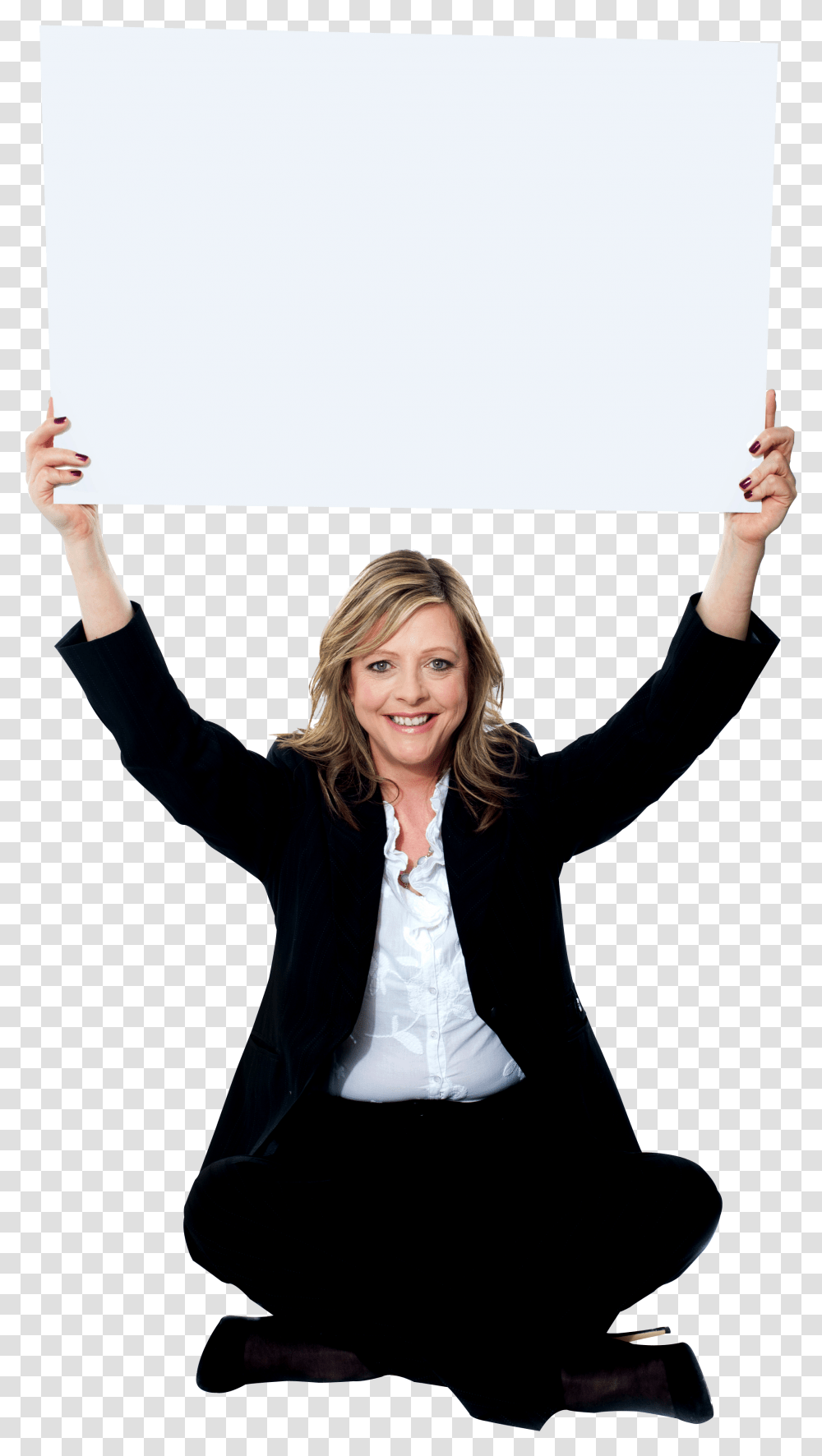 Women Holding Banner Free Commercial Use Images Happy Sitting Girl, Sleeve, Long Sleeve, Female Transparent Png