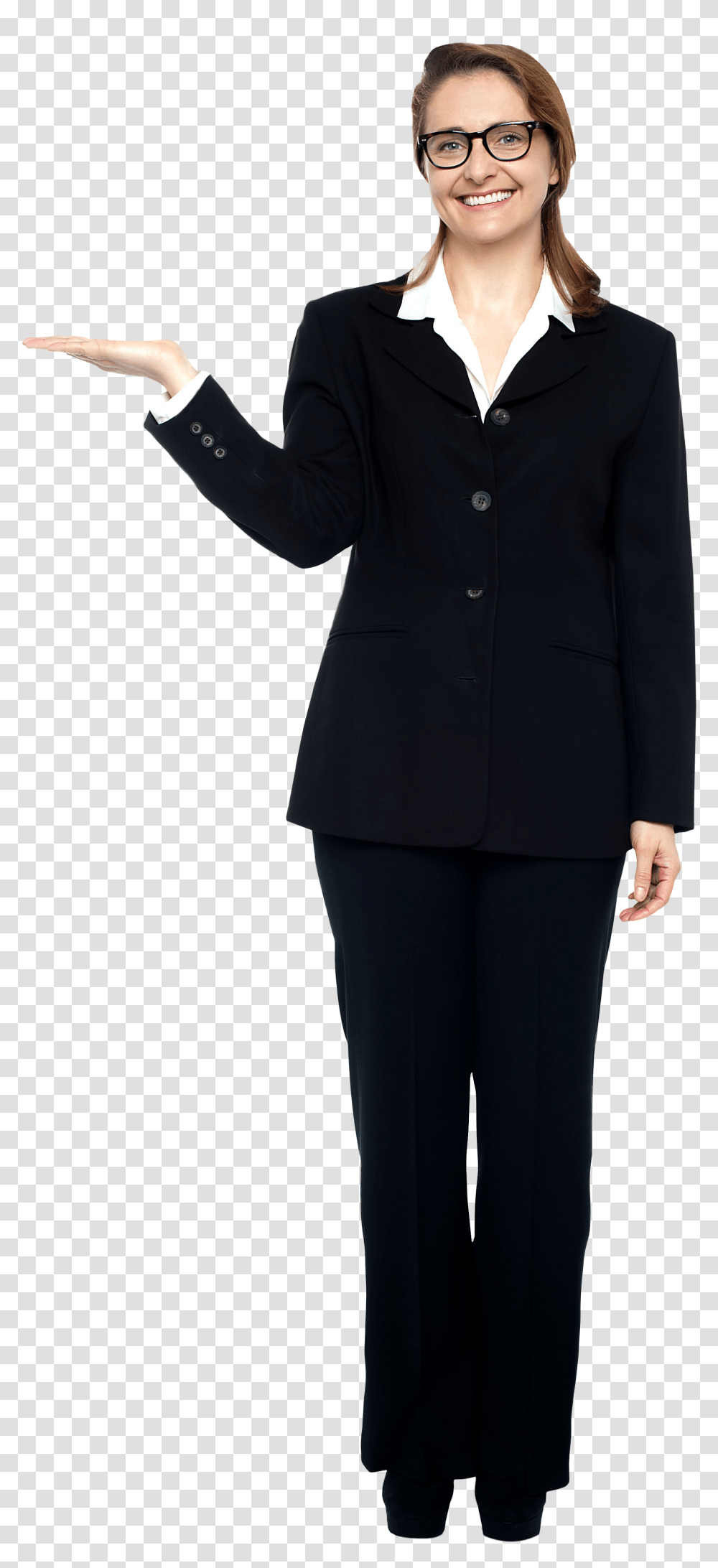 Women Pointing Left Image Suit, Overcoat, Person, Tuxedo Transparent Png