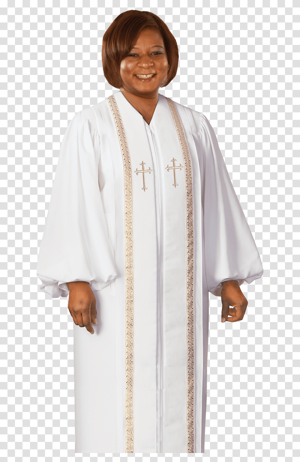 Women's White Clergy Robe With Gold Trim Pulpit Robes Women, Apparel, Person, Human Transparent Png