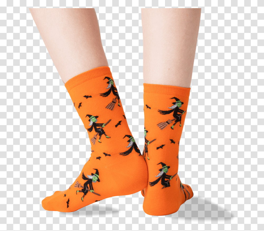 Women's Witch On A Broom Socks In Orange FrontClass Orange, Apparel, Footwear, Shoe Transparent Png