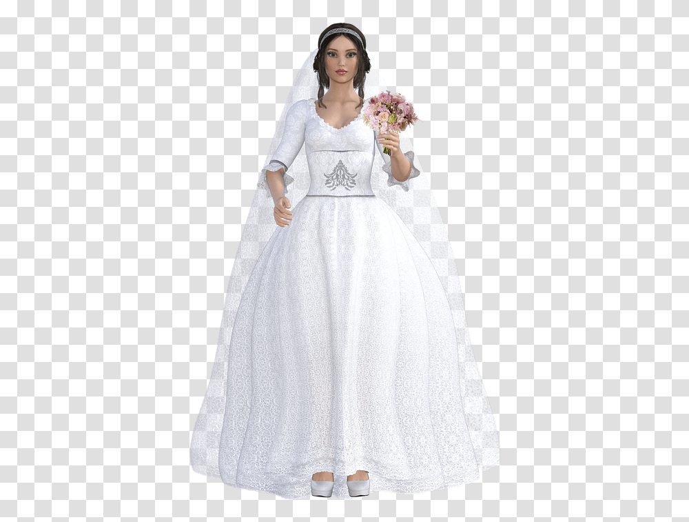 Women Wedding Character Flowers Veil Wedding Dress, Person, Female, Wedding Gown Transparent Png