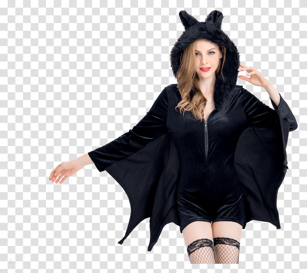 Womens Cozy Vampire Bat Romper Costume Fashion Icon Halloween Costumes, Clothing, Person, Sleeve, Long Sleeve Transparent Png