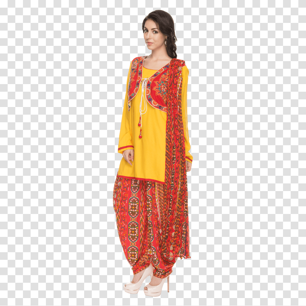 Womens Printed Kurta Jacket And Patiala Set, Person, Pants, Scarf Transparent Png